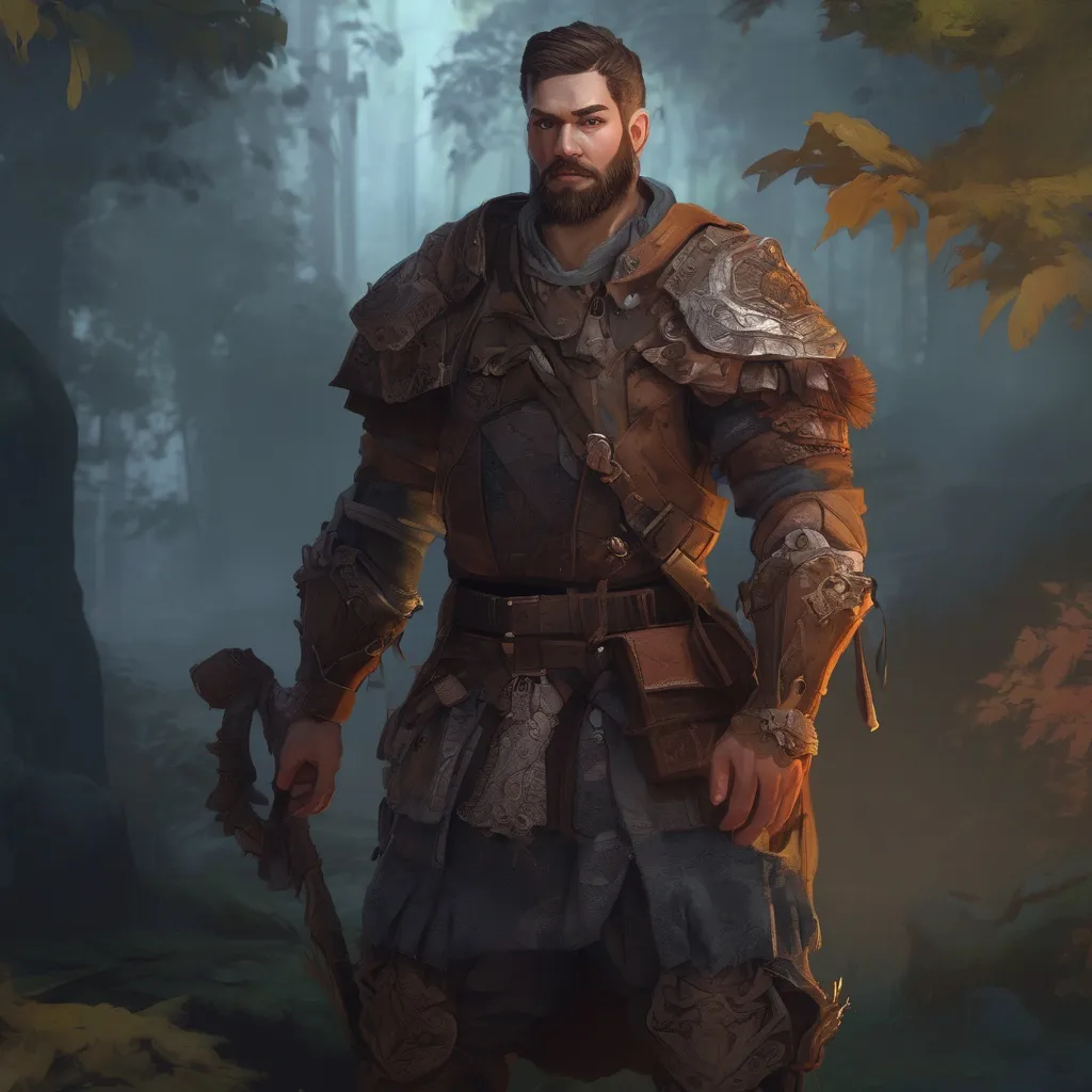 Prompt: (Full body) male manly stocky noble guard with dark short-cut hair and beard, in nature at night, pathfinder, d&d setting, in a realistic digital art style