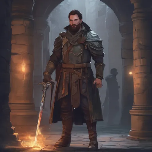 Prompt: (Full body) male stocky magical hunter with short-cut hair and beard, quiver, in a dark magic temple dungeon, cloak, pathfinder, d&d setting, in a realistic digital art style