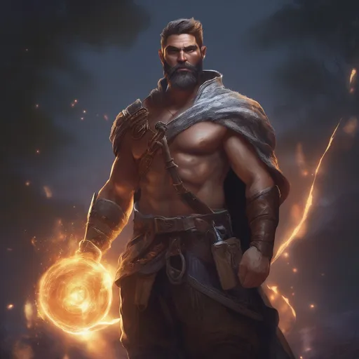 Prompt: (Full body) male stocky big-chested sorcerer with striped short hair and beard, no shirt on, hairy chest, casting swirly bright spell, in nature at night, pathfinder, d&d setting, in a realistic digital art style