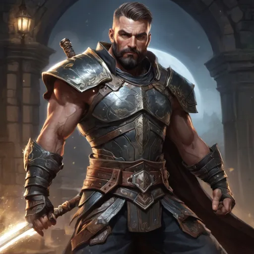 Prompt: (torso) Male heavy-set 38-year old fit warrior with short-cut hair and beard, swinging a magical weapon in combat, in movement, in arena in a castle at night, pathfinder, d&d setting, enhanced shadow quality