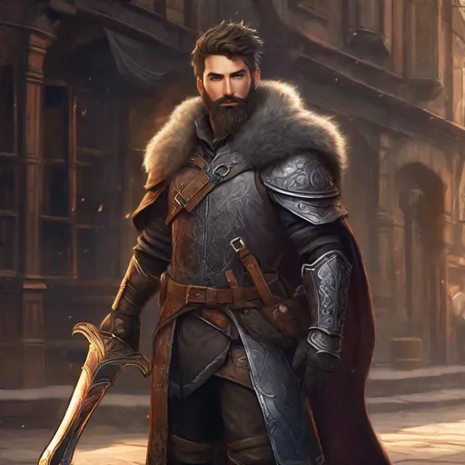 Prompt: (Full-body) A handsome rugged hairy male alchemist, short-hair and short-bearded, leather armor, hairy chest visible, holding a fantasy weapon, dark fantasy street, matte shaded illustration, realistic digital art