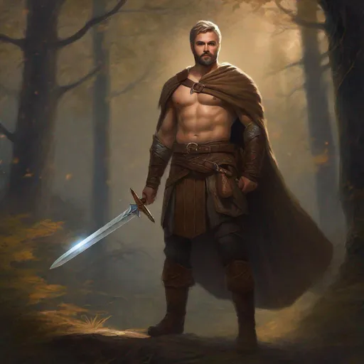 Prompt: (Full body) A male bare chested hairy fighter short-cut salt and pepper hair with short-beard manly face, pathfinder, faint lights in the background, holding sword, dungeons and dragons, brown boots, fantasy setting, standing in a forest glade at night, in a painted style realistic art