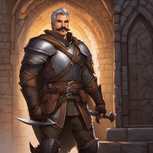 Prompt: (Full body) A hairy broad-chested large handsome male rogue with short-cut grey hair a mustache and stubble, pathfinger,  armor, dungeons and dragons, hairy chest, brown boots, fantasy setting, coming out a large towngate late at night, in a painted style realistic art