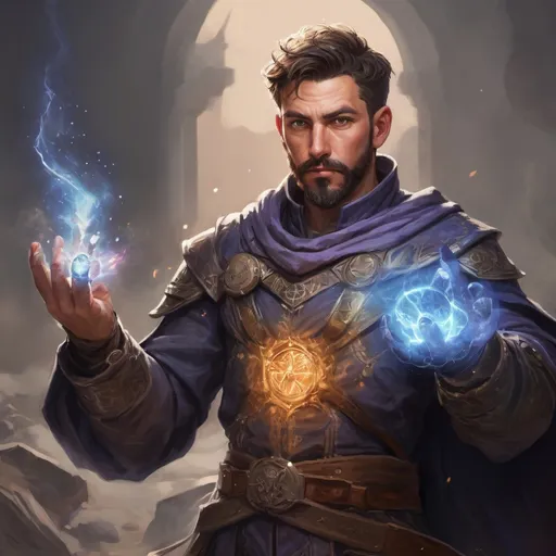 Prompt: Male stocky  mature illusion-mage with short-cut hair and beard, on a battlefield, in combat, casting a spell, pathfinder, d&d setting, in a realistic high quality digital art style, enhanced shadow quality, colorful