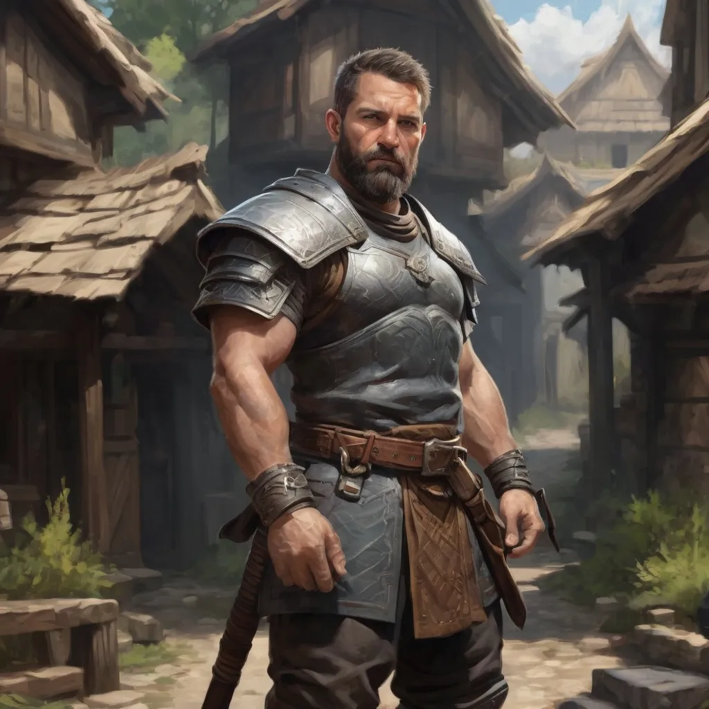 Prompt: Male stocky fit large 37-year old warrior with short-cut hair and beard, in a small fantasy village, pathfinder, d&d setting, enhanced shadow quality