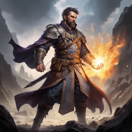 Prompt: Male stocky  mature illusion-mage with short-cut hair and beard, on a battlefield, in combat, casting a whitespell, pathfinder, d&d setting, in a realistic high quality digital art style, enhanced shadow quality, colorful