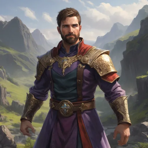 Prompt: male stocky heavy-set fit royal arcane-mage with short-cut hair and beard, hairy chest, casting bright spell, in windy valley, pathfinder, d&d setting, realistic high quality, enhanced shadow quality