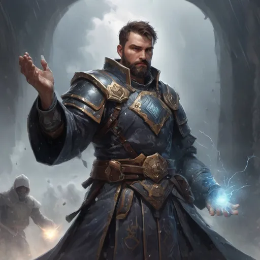 Prompt: Male stocky heavy-set large armoured cleric with short-cut hair and beard, casting a magical spell out of hands, on a battlefield in the rain, pathfinder, d&d setting, in a realistic high quality digital art style, enhanced shadow quality