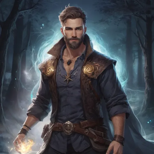 Prompt: (Full body) male stocky heavy-set 
transmuter with short hair and beard, hairy chest, casting swirly bright spell, in nature at night, pathfinder, d&d setting, in a realistic high quality digital art style
