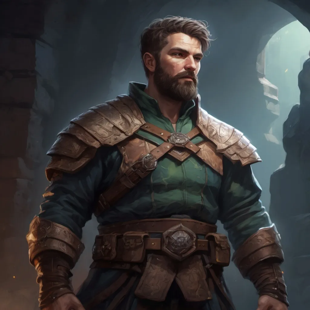 Prompt: Male stocky large mature irish fighter with short-cut hair and beard, exploring a dark astral dungeon, pathfinder, d&d setting, in a realistic high quality digital art style, enhanced shadow quality, colorful