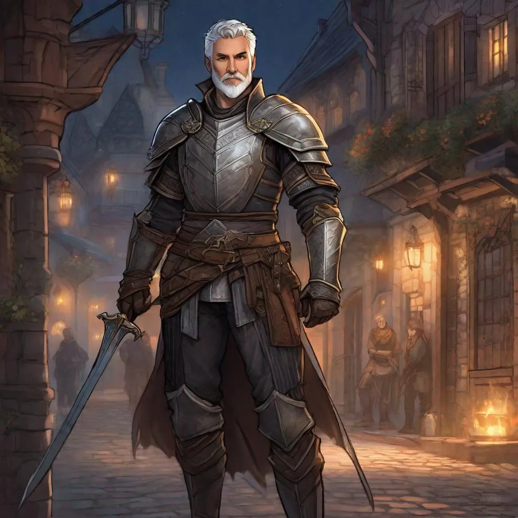 Prompt: (Full body) A male short-haired knight looks like older with open shirt hairy chest and short beard grey-striped hair, glowing magic, fantasy weapon, leather shirt with details, manly, pathfinder, dungeons and dragons fantasy setting, night time in a town street, in a painted style, realistic