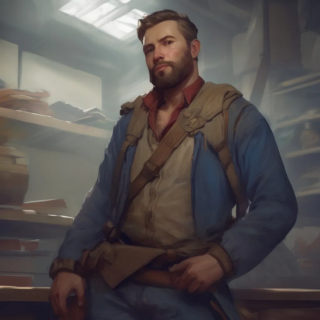 Prompt: (Full body) male stocky young royal engineer with short-cut hair and beard, in a dark room, pathfinder, d&d setting, in a realistic digital art style