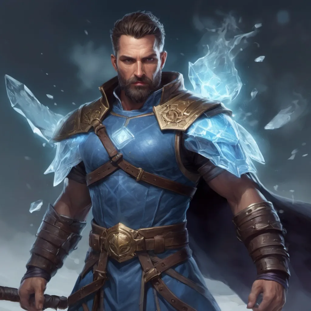 Prompt: Male heavy-set 42-year old muscular noble large sorcerer with short-cut hair and beard,  casting ice-magic in a windy castleground at dusk, pathfinder, d&d setting, enhanced shadow quality