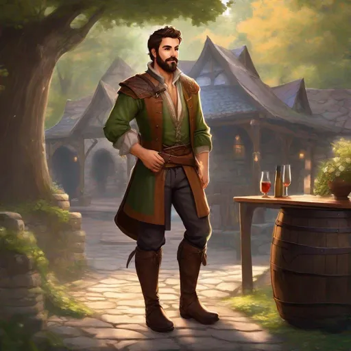 Prompt: (Full body) a bard with short hair and short beard handsome face, outside of a tavern in the woods, boots, manly, fantasy setting, dungeons and dragons, in realistic digital art style