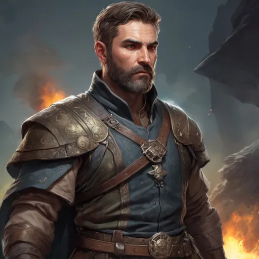 Prompt: Male stocky heavy-set mature illutionist with short-cut hair and beard, on a battlefield, in combat, casting a sage-spell, pathfinder, d&d setting, realistic high quality, enhanced shadow quality