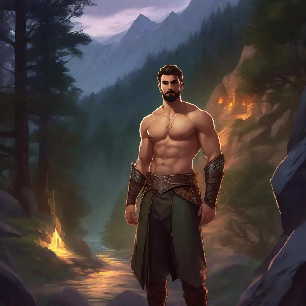 Prompt: (Full body picture) A fighter with short-cut hair with bare hairy chest and short beard, no shirt, cloak, manly, fantasy setting, dungeons and dragons, outside of forest next to a mountain at night, in realistic digital art style