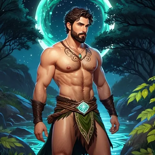 Prompt: A male short-haired druid with dark hair and beard, magical swirls, bare hairy chest, in nature at night, boots, pathfinder, in a detailed realistic digital art style