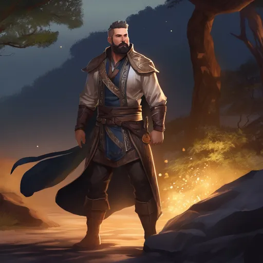 Prompt: (Full body) male stocky eidolon-summoner with short hair and beard, open shirt, in dark lit nature background, pathfinder, d&d setting, in a realistic digital art style