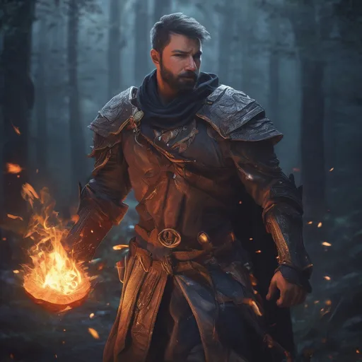 Prompt: (Full body) male handsome large muscular magical battle mage with short hair and beard, outside of a dungeon by a forest at night, pathfinder, d&d setting, in a realistic high quality digital art style