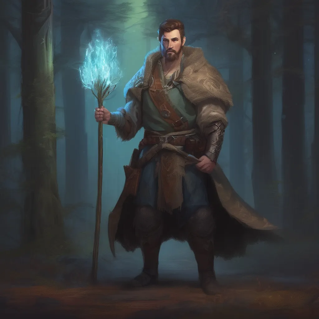 Prompt: (Full body) male stocky druid with short-cut hair and beard, holding magical tree staff, in a forest at night, leaf-shoulderguards, cloak, heavy belt, pathfinder, d&d setting, in a realistic digital art style