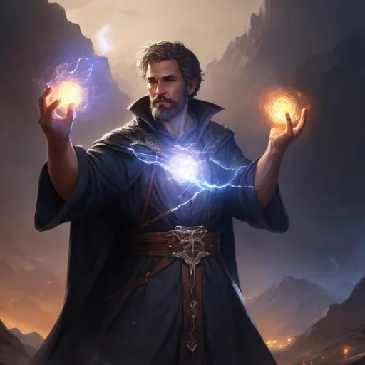 Prompt: Male stocky heavy-set mature sorcerer with short-cut hair and beard, magical robe, casting a magical glowing spell out of hands, on a batle field at night, pathfinder, d&d setting, in a realistic high quality digital art style, enhanced shadow quality