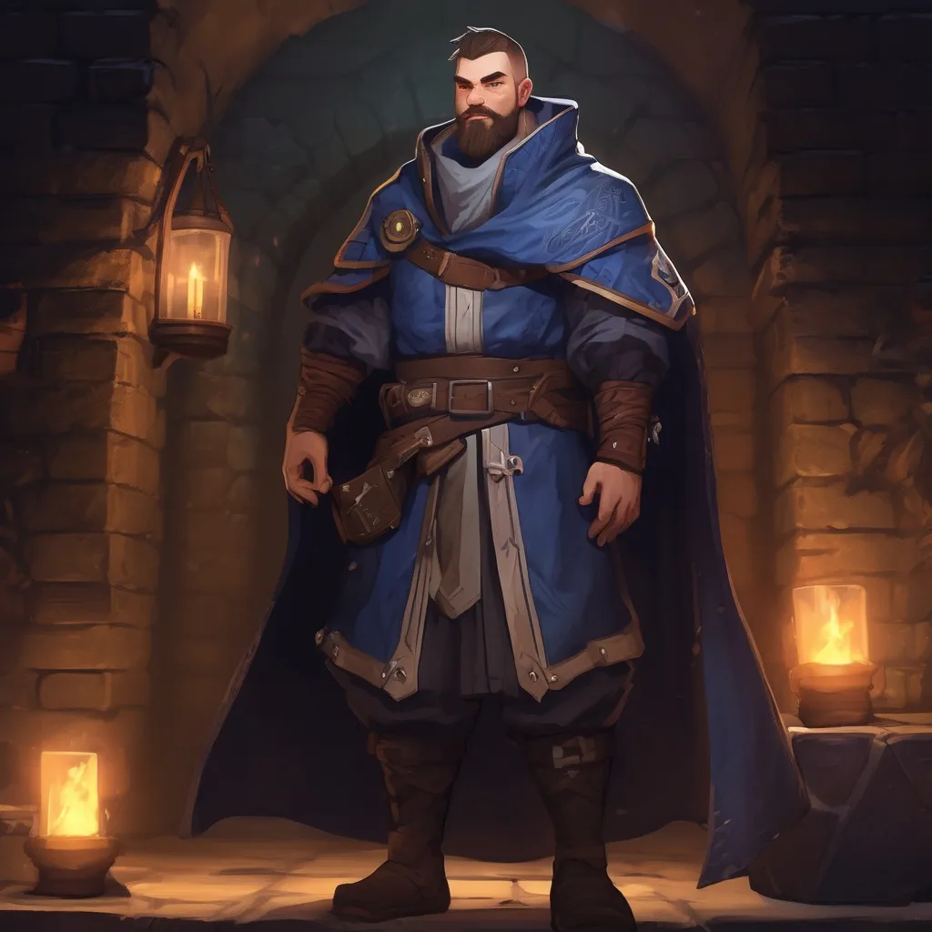 Prompt: (Full body) male big-chested balance-mage with short hair and beard, in a dungeon at night, pathfinder, d&d setting, in a realistic digital art style