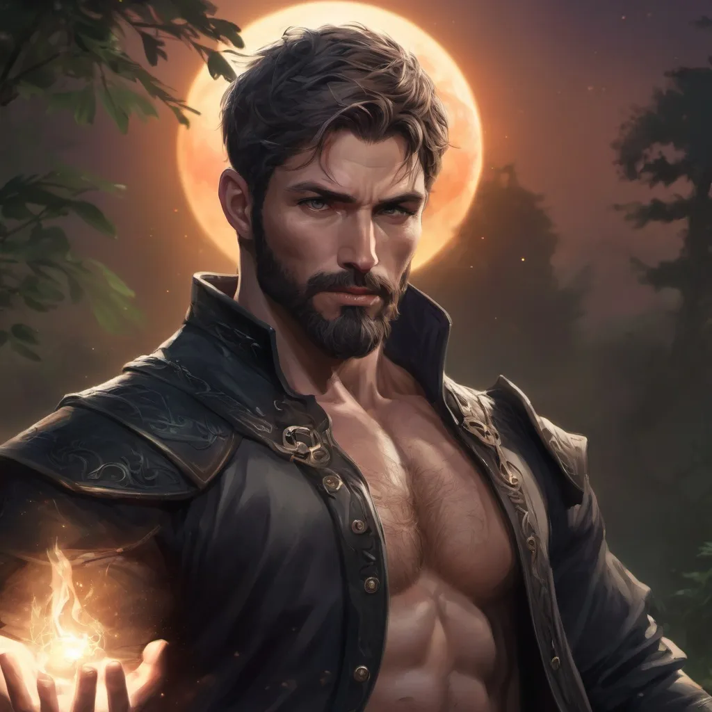 Prompt: A male muscular manly Oracle with short hair and beard, casting magic spell, in a nature at night, pathfinder, d&d setting, in a realistic high quality digital art style