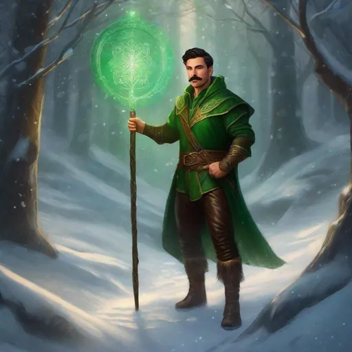 Prompt: (Full body) a male green druid with mustache and stubble short-cut dark hair, handsome manly face, belt, boots, leather pants, holding magical staff, swirly lights, standing outside of a snowy forest, fantasy setting, dungeons & dragons, in a painted style realistic art