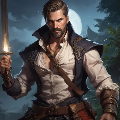 Prompt: male stocky muscular mature swashbuckler with short hair and beard, holding fantasy-weapon, in nature at night, pathfinder, d&d setting, Realistic, Enhanced shadow and light quality