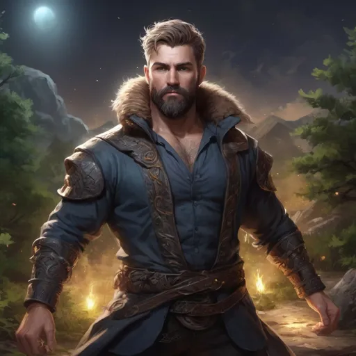 Prompt: (Full body) male stocky heavy-set 
transmuter with short hair and beard, hairy chest, casting swirly bright spell, in nature at night, pathfinder, d&d setting, in a realistic high quality digital art style