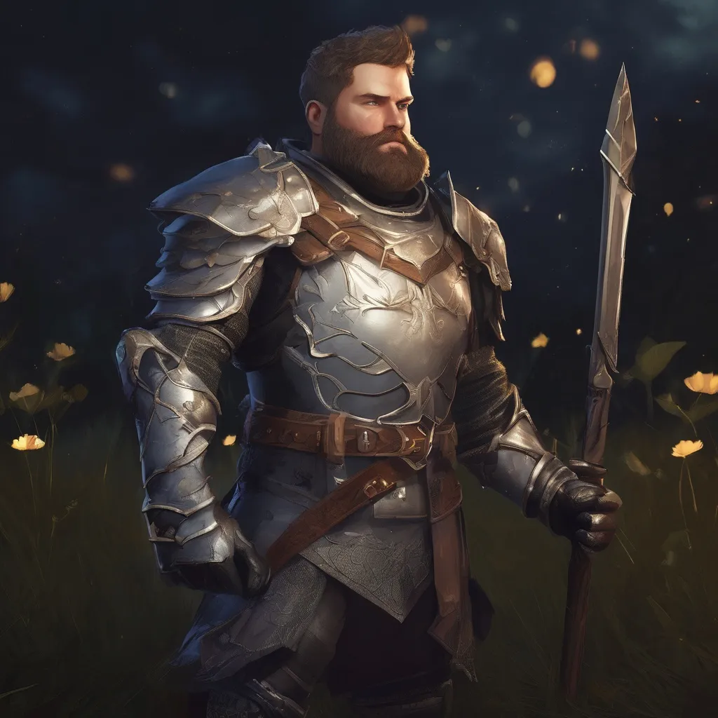 Prompt: (Full body) male stocky large royal knight with short hair and beard, big belly, in nature at night, pathfinder, d&d setting, in a realistic digital art style