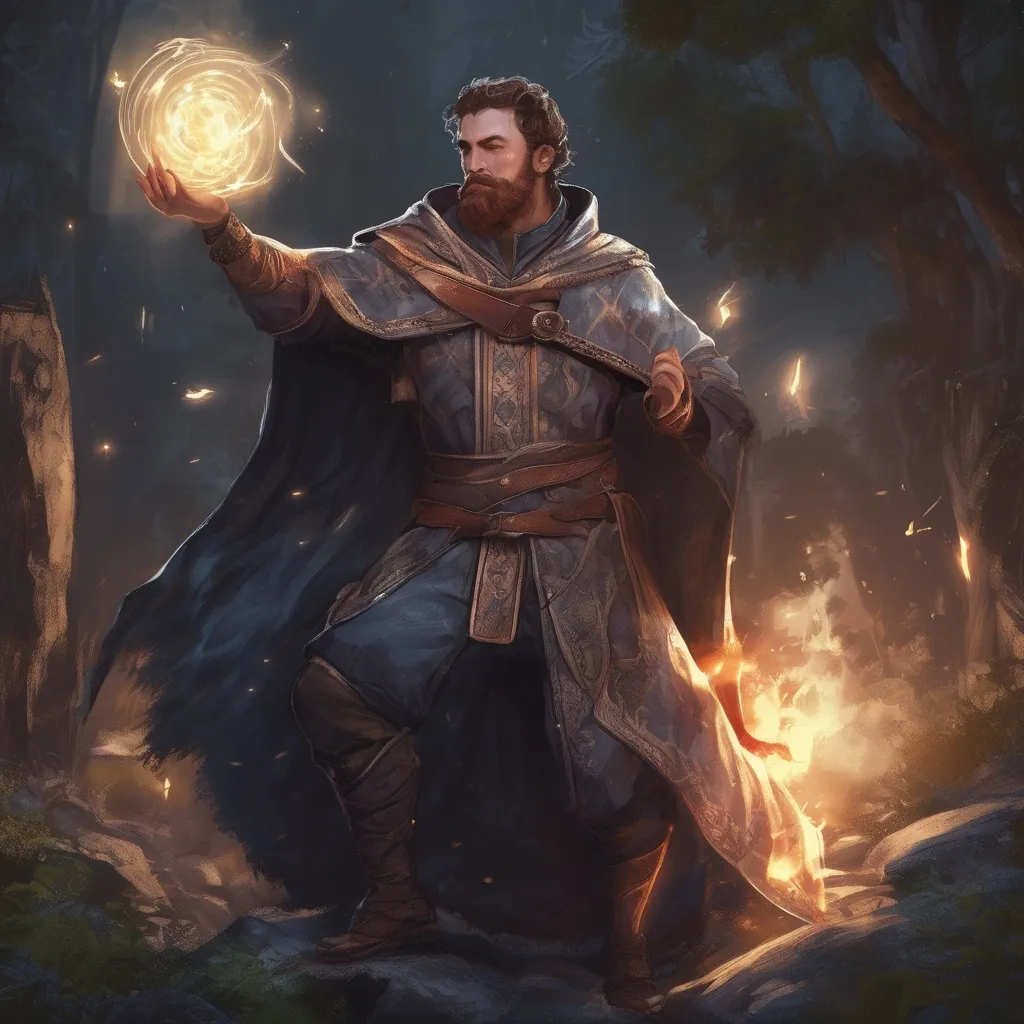 Prompt: (Full body) male stocky young magical Cleric with short-cut hair and beard, casting a magical healing spell, in nature in the dark, cloak, pathfinder, d&d setting, in a realistic digital art style