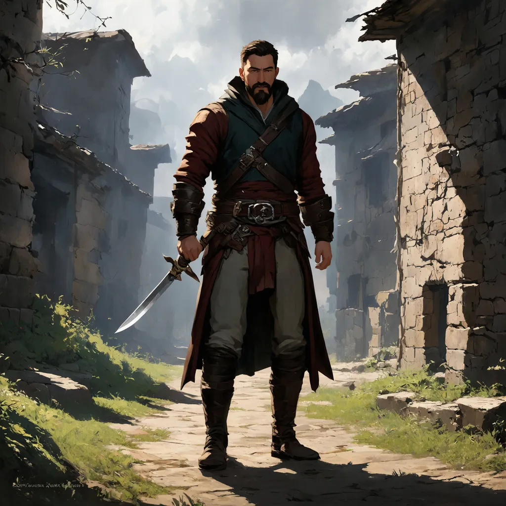 Prompt: (Full body) male rogue with short hair and beard, holding a dagger, exploring an abandoned town in the dark, pathfinder, d&d setting, in a drawn digital art style