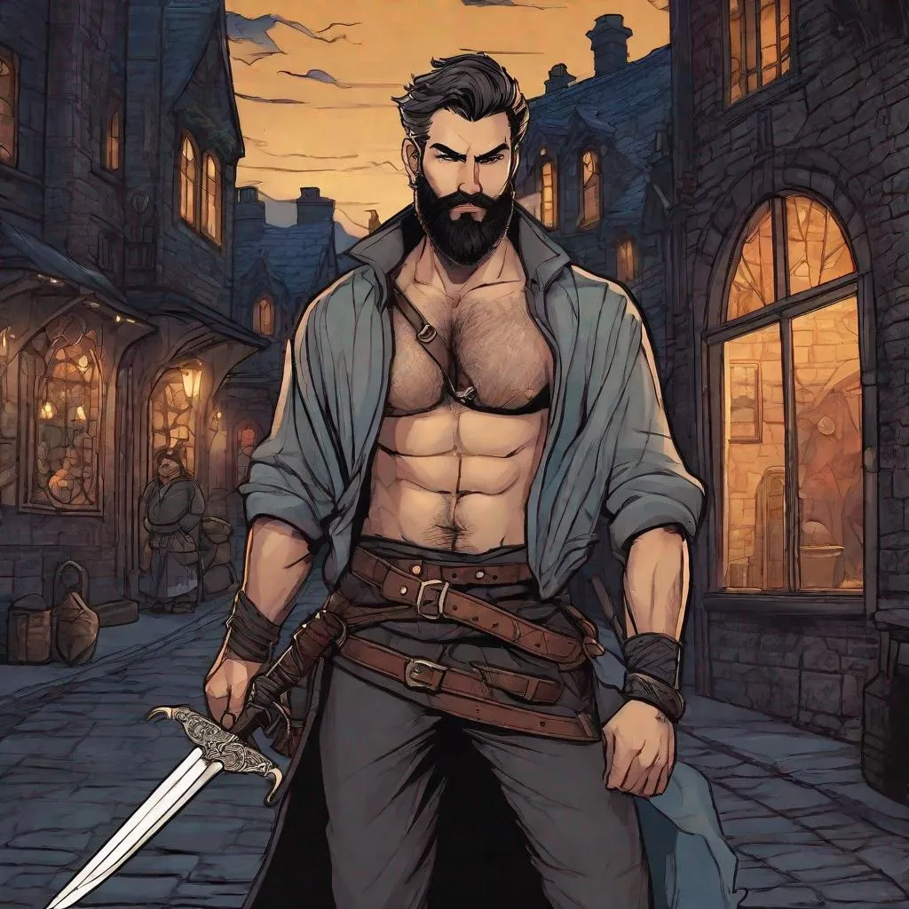 Prompt: (Full body) A male short-haired thief with open shirt hairy chest and short beard holding a dagger, manly, dungeons and dragons fantasy setting, night time in a town street, in a painted style