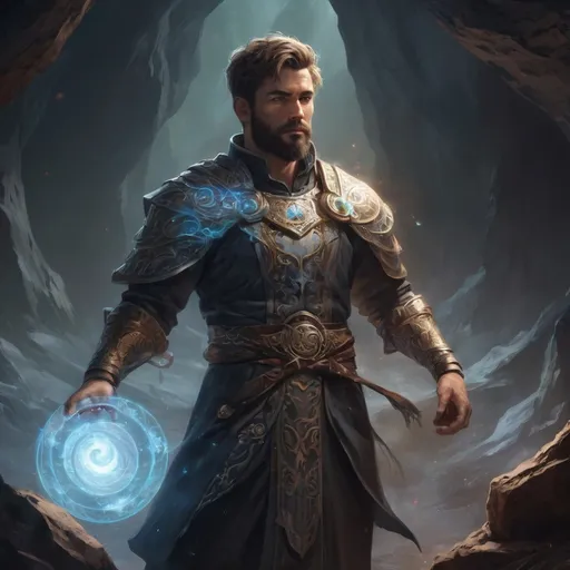 Prompt: (Full body) male stocky young muscular cleric with short-cut hair and a beard, casting a swirly astral-spell, in a dark cave, pathfinder, d&d setting