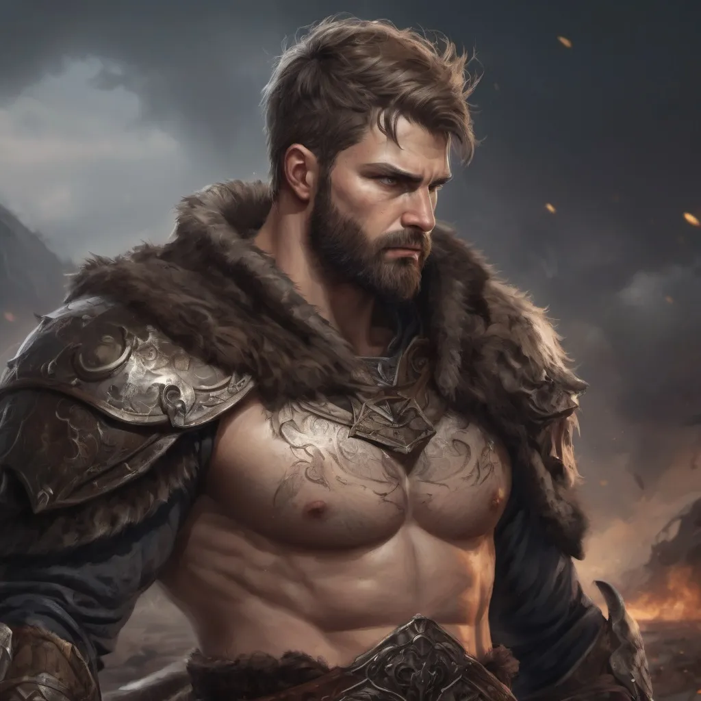 Prompt: (Full body) male stocky masculine manly hunky royal king with short hair and beard, hairy chest, in a dark battle field, pathfinder, d&d setting, in a realistic high quality digital art style