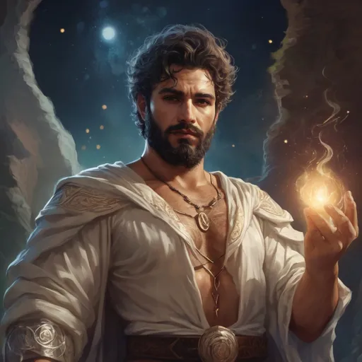 Prompt: male stocky heavy-set arab transmuter with short hair and beard,  hairy chest, casting swirly bright spell, in nature at night, pathfinder, d&d setting, in a realistic high quality digital art style