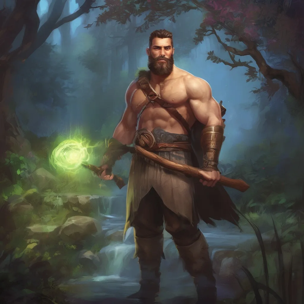 Prompt: (Full body) male stocky big-chested hairy-chested fantasy-ranger with short hair and beard, no shirt on, casting an nature spell, in nature at night, pathfinder, d&d setting, in a realistic digital art style