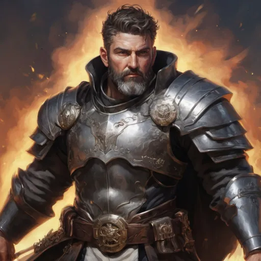 Prompt: (torso) Male stocky large mature cleric with short-cut hair and beard, engaged in combat casting a prismatic-spell in a battle field, enhanced shadow quality