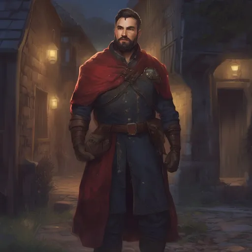 Prompt: (Full body) male manly stocky noble royal guard with dark short-cut hair and beard, in small village at night, pathfinder, d&d setting, in a realistic digital art style