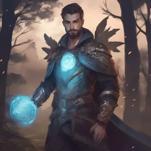 Prompt: (Full body) male muscular summoner with short hair and beard, in nature at night, pathfinder, d&d setting, in a realistic digital art style