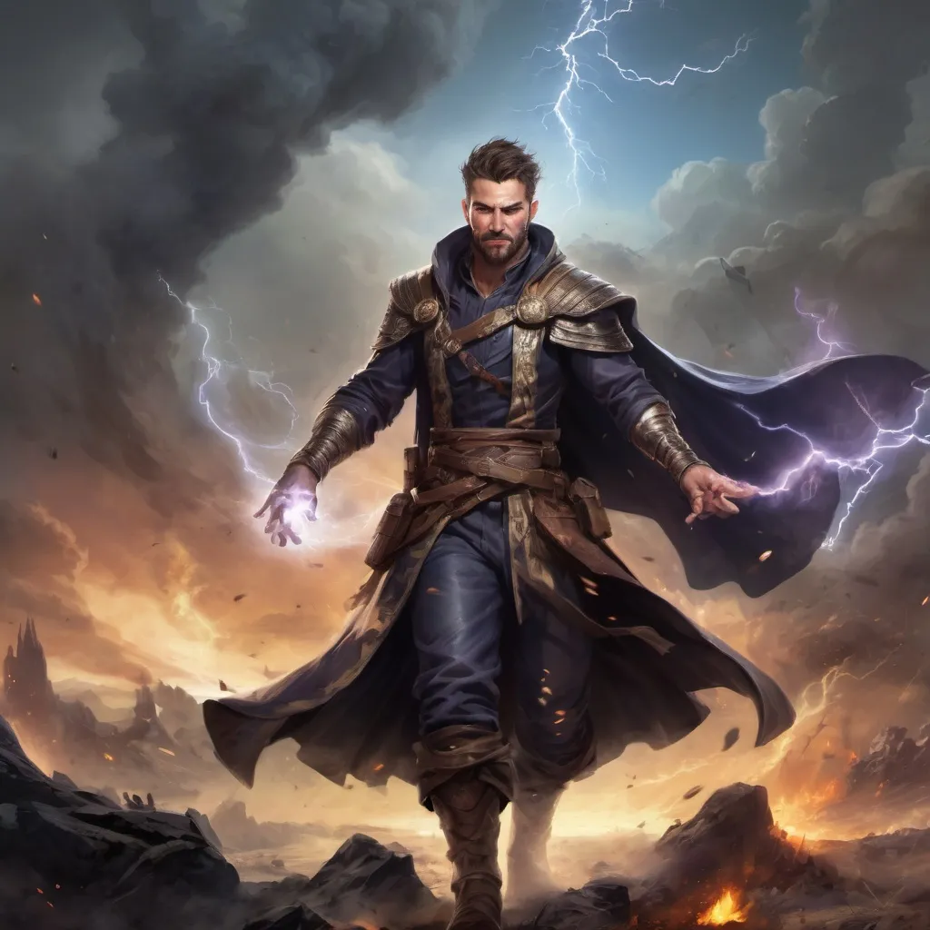 Prompt: Male large mature handsome battle-mage with short hair and beard, casting a tornado-spell out of hands on a battlefield, pathfinder, d&d setting, in a realistic high quality digital art style, colorful