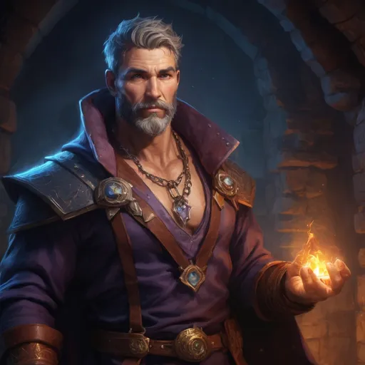 Prompt: Male stocky mature muscular sorcerer with short-cut hair and beard, inside of a dungeon at night, wearing magical necklace, pathfinder, d&d setting, in a realistic high quality digital art style, enhanced shadow quality