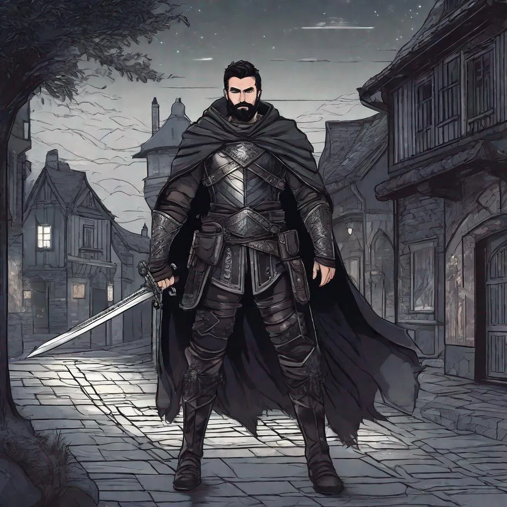 Prompt: (Full-body) A handsome hairy gay male warrior with dark short hair and short beard, weapon in one hand, dark armor with natural details, chest hair, cloak, boots, dark street in a town at night, in a shaded painted style