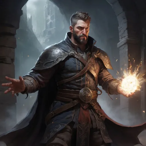 Prompt: (torso) Male stocky large battle-mage with short-cut hair and beard, engaged in combat casting a white-light spell inside of a dark dungeon, in movement, pathfinder, d&d setting, realistic, enhanced shadow quality, colorful