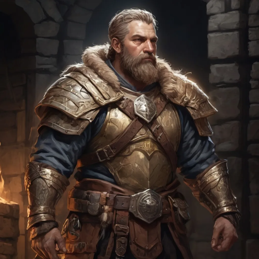 Prompt: Male stocky hairy mature warrior in a breastplate, with short dark-blonde hair and beard, exploring a dark dungeon, pathfinder, d&d setting, in a realistic high quality digital art style, enhanced shadow quality, colorful