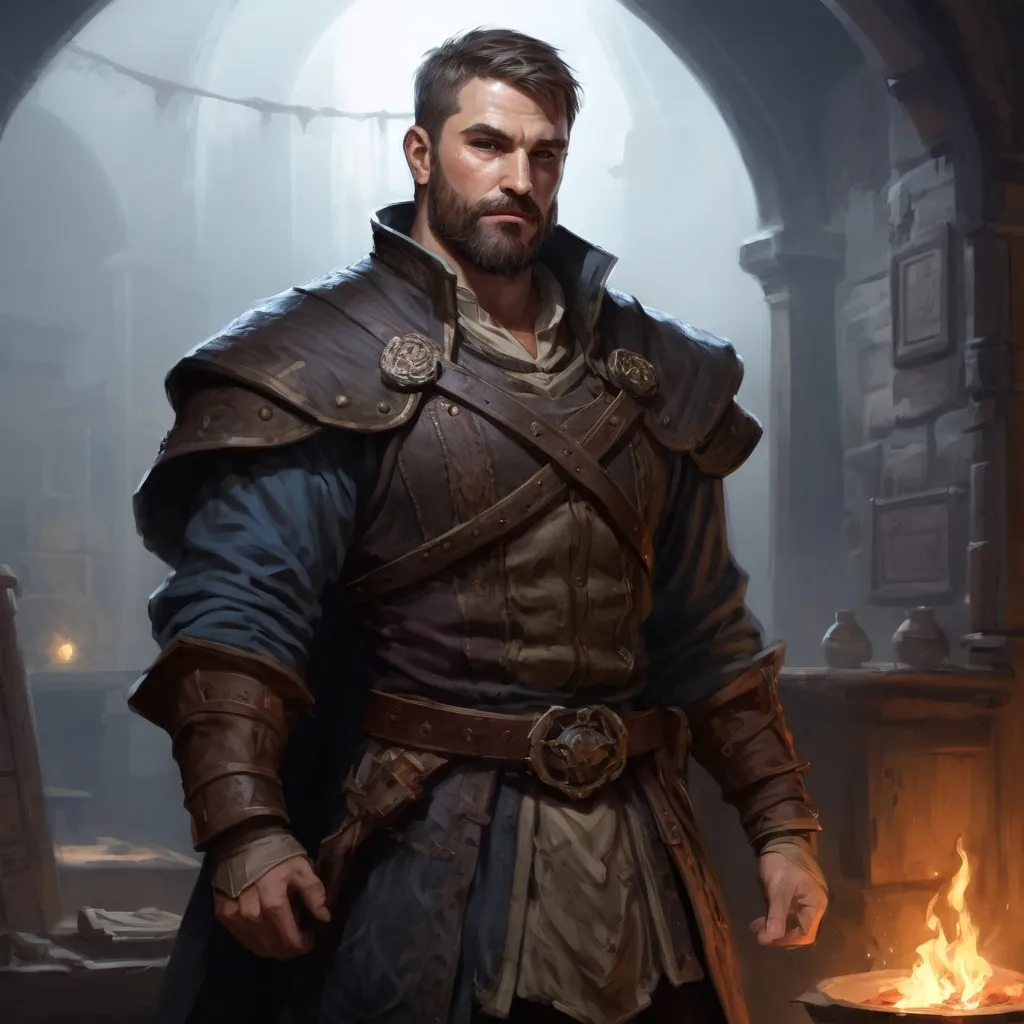 Prompt: Male stocky large muscular royal bard with short-cut hair and beard, exploring a dark tavern room, pathfinder, d&d setting, realistic, enhanced shadow quality
