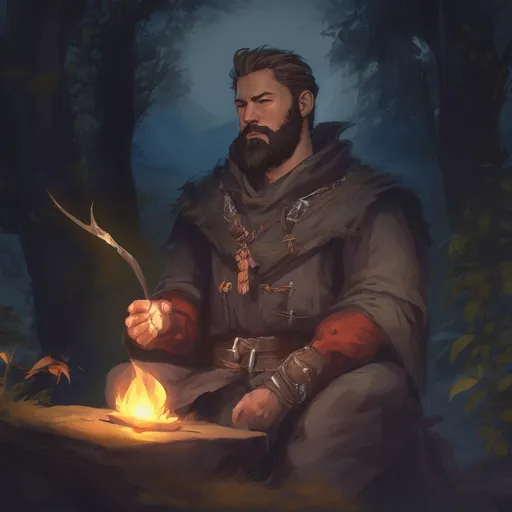 Prompt: (Full body) male stocky warlock with hairy chest and short hair and beard, in nature at night, pathfinder, d&d setting, in a realistic digital art style