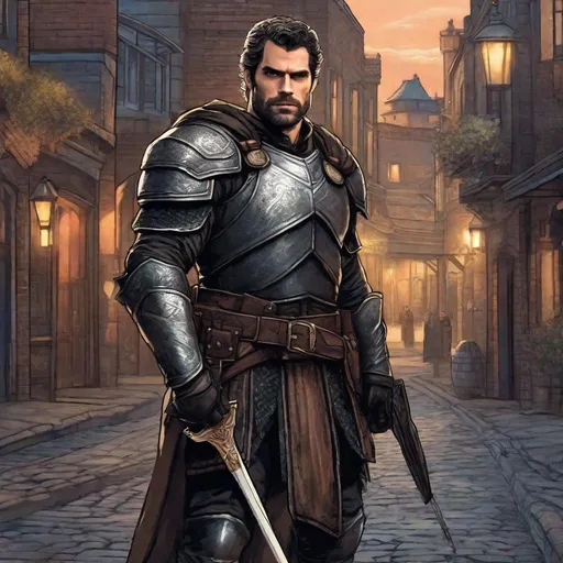 Prompt: (Full body) a ranger with short hair and short beard henry cavill, salt and pepper hair, armor, hairy chest, holding simple weapon, town street at evening, in a painted style