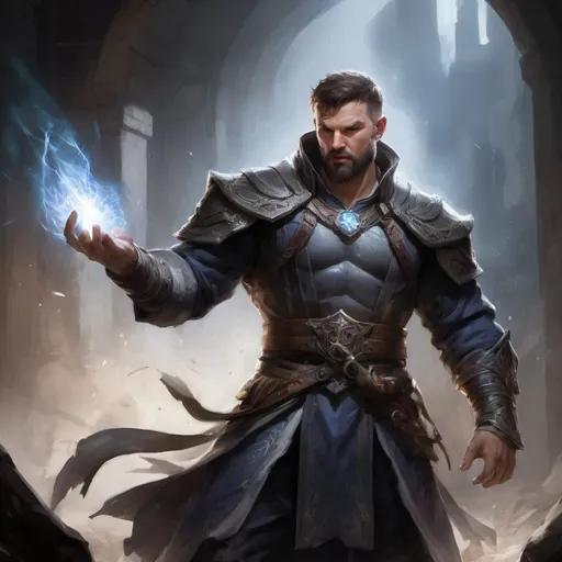 Prompt: Male stocky large muscular battle-mage with short-cut hair and beard, engaged in combat casting a white-light spell inside of a dark dungeon, pathfinder, d&d setting, realistic, enhanced shadow quality, colorful